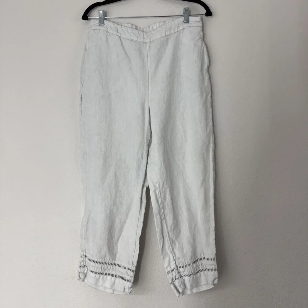 Chicos Womens Size 1 US 8 Pants Linen Ladder Cropped Leg White Pull On Coastal